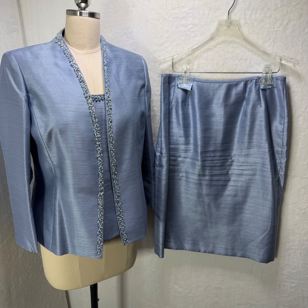Kasper Womens Periwinkle Blue 3 Piece Satin Skirt Suit Set Beaded Trim Size 8